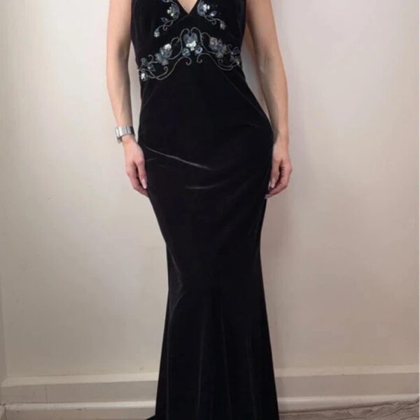 Dave&Johnny 90s black halter evening gown diamanté velvet maxi fitted dress UK16