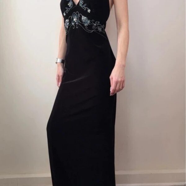 Dave&Johnny 90s black halter evening gown diamanté velvet maxi fitted dress UK16