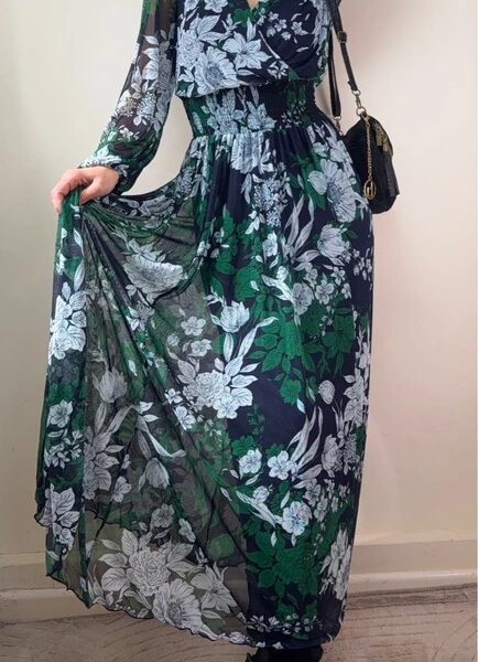 Kate&Lily BNWT floral green navy mesh maxi Fit&Flare dress wrap UK 8-10 boho