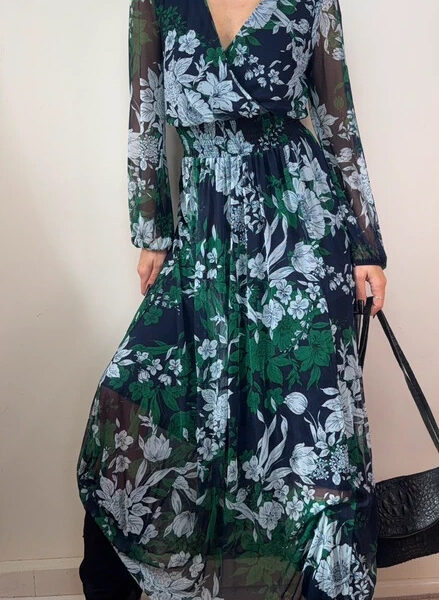 Kate&Lily BNWT floral green navy mesh maxi Fit&Flare dress wrap UK 8-10 boho