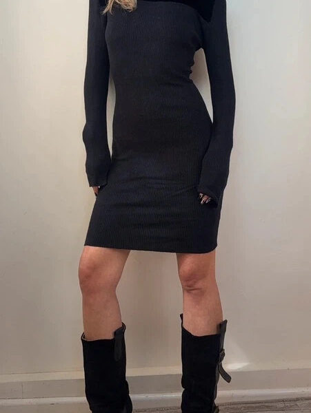 Versus Versace'11 black cashmere wool velvet ribbed fitted mini dress UK 8-10