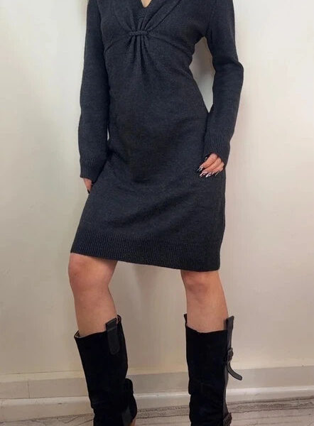 Jigsaw wool alpaca charcoal knitted shawl v-neck jumper dress blouson UK 12-14