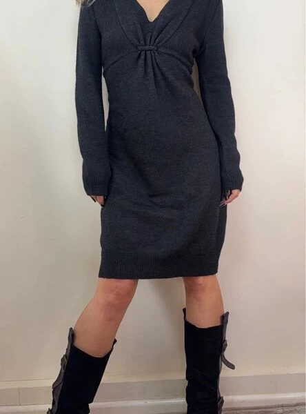 Jigsaw wool alpaca charcoal knitted shawl v-neck jumper dress blouson UK 12-14