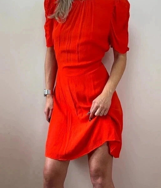 Whistles Simone Flippy dress orange red UK 14 Fit& Flare Ruched Puff Sleeve