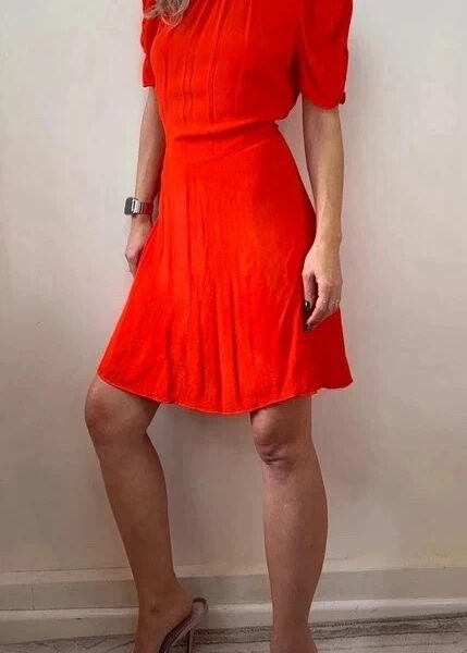 Whistles Simone Flippy dress orange red UK 14 Fit& Flare Ruched Puff Sleeve