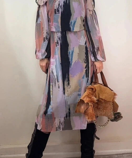 Mohito abstract brushstroke print mesh maxi dress lilac flared UK 8-10 boho