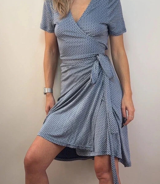 Pure Collection 100% silk geometric wrap dress blue white v-neck fit& flare UK16