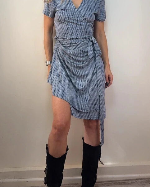 Pure Collection 100% silk geometric wrap dress blue white v-neck fit& flare UK16