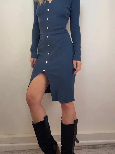 Blue ribbed button front bodycon knit fitted midi dress v-neck front slit UK8-10