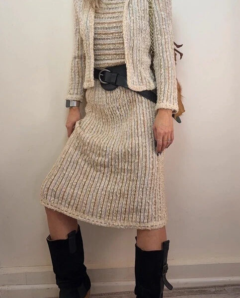 Lady Be Good vintage 80s knitted 2 piece dress & jacket set linen co-ord UK12-14