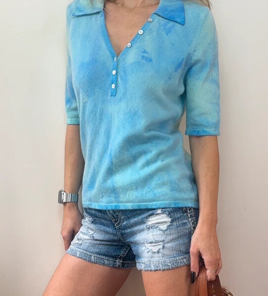 M&S Womens 100% cashmere fitted henley knit tee UK 14-16 turquoise splatter