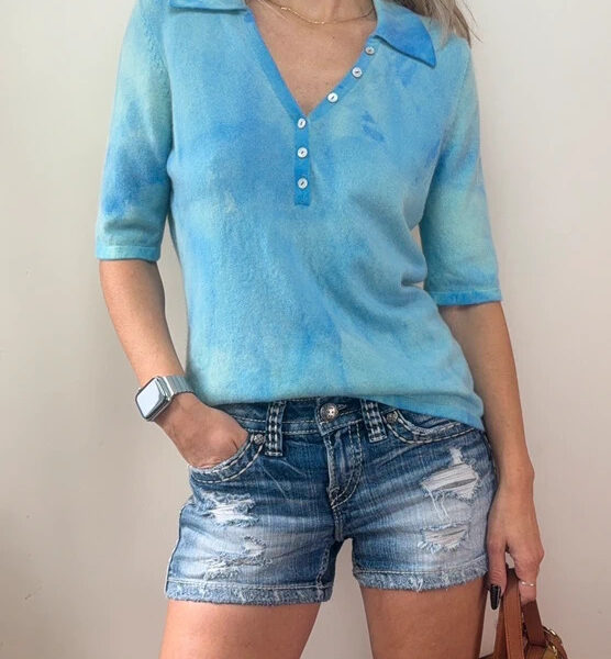 M&S Womens 100% cashmere fitted henley knit tee UK 14-16 turquoise splatter