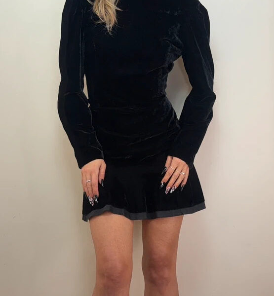 Louis Féraud 90s black velvet mini fishtail dress UK 8-10 silk ruffle open back