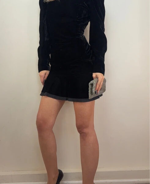 Louis Féraud 90s black velvet mini fishtail dress UK 8-10 silk ruffle open back