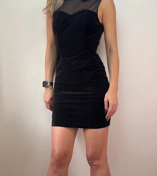 Jack Wills black velvet sheer embroidered floral collar mini fitted dress UK 6-8