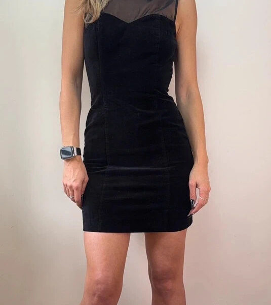 Jack Wills black velvet sheer embroidered floral collar mini fitted dress UK 6-8
