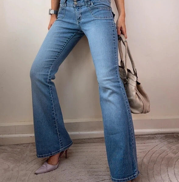 Angels Y2K Flare low 7.5”rise jeans UK10-12 W30 L30.5 embellished pink stitch