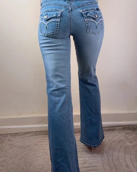 Angels Y2K Flare low 7.5”rise jeans UK10-12 W30 L30.5 embellished pink stitch