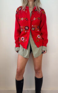 Miss Foxy Vintage Red Floral Fair Isle Button Cardigan Folk Chunky Knit