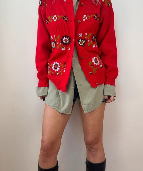 Miss Foxy Vintage Red Floral Fair Isle Button Cardigan Folk Chunky Knit UK 8–10