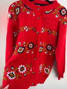 Miss Foxy Vintage Red Floral Fair Isle Button Cardigan Folk Chunky Knit — photo 6 of 8