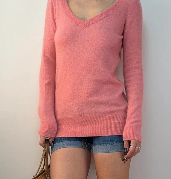 H&M Pure 100% Cashmere coral pink deep V-Neck Jumper fitted Sweater UK 8-10