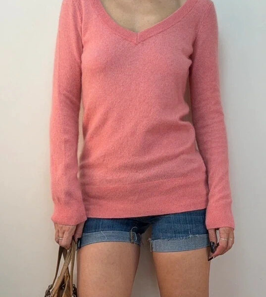 H&M Pure 100% Cashmere coral pink deep V-Neck Jumper fitted Sweater UK 8-10