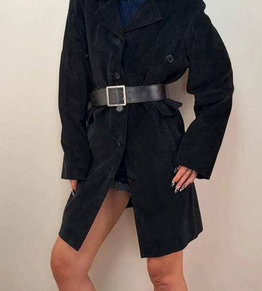 Beth Terrell Womens Black Genuine Suede Leather Trench Long Coat Jacket UK14-16