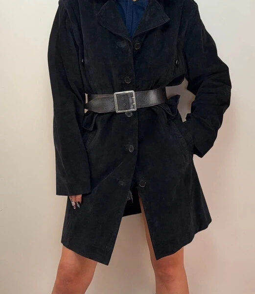 Beth Terrell Womens Black Genuine Suede Leather Trench Long Coat Jacket UK14-16
