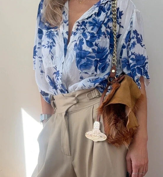 Vintage 90s H&M Woman Blue Floral Blouse Button Shirt UK14 Cottagecore Boho
