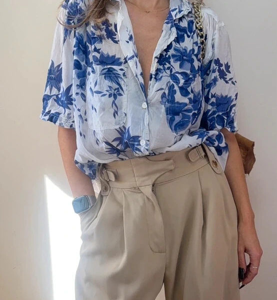 Vintage 90s H&M Woman Blue Floral Blouse Button Shirt UK14 Cottagecore Boho