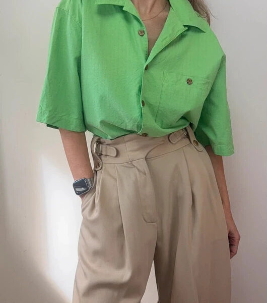 Paradise Coves 90s mens lime green silk cotton camp collar button shirt XL