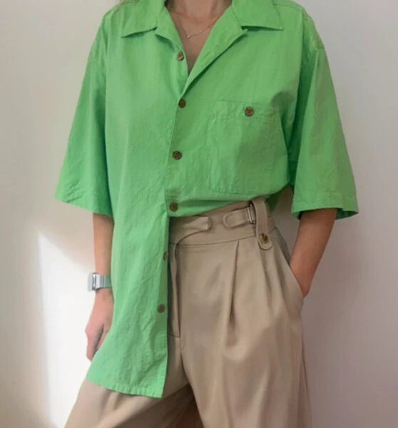 Paradise Coves 90s mens lime green silk cotton camp collar button shirt XL