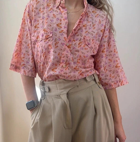 Indian Summer Womens 90s pink floral button shirt UK 12–14 oversized boho blouse