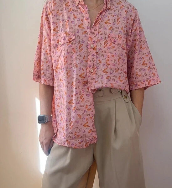 Indian Summer Womens 90s pink floral button shirt UK 12–14 oversized boho blouse