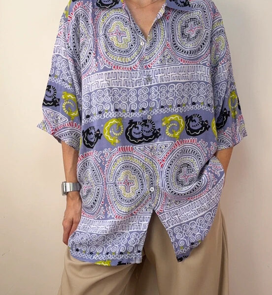 Rip Surf 90s mens Hawaiian button shirt L mauve tropical cameleon print cuban
