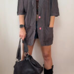BF Belfe 90s Womens Italian Brown 100% silk oversized button long blazer UK 14
