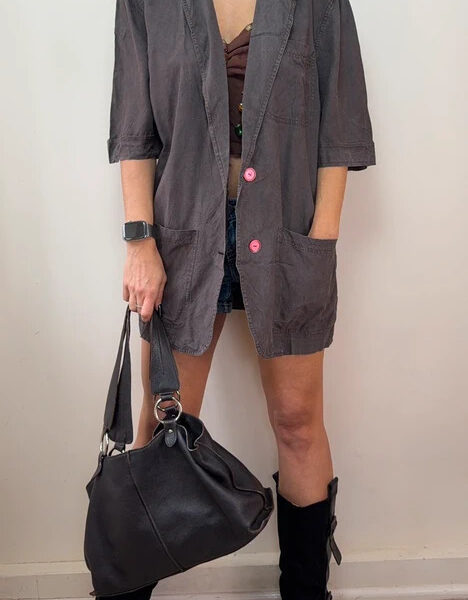 BF Belfe 90s Womens Italian Brown 100% silk oversized button long blazer UK 14