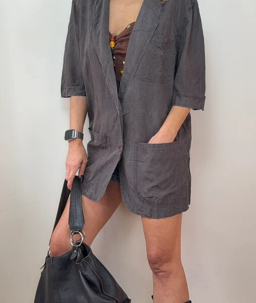 BF Belfe 90s Womens Italian Brown 100% silk oversized button long blazer UK 14