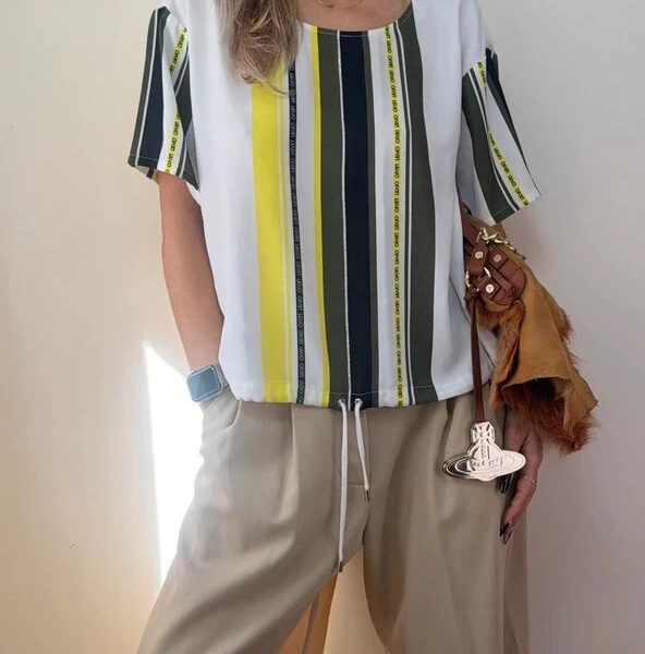 Liu Jo Womens White Lime striped drawstring embellished oversized tee UK 14-16