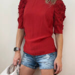 Sandro Paris Womens red 100% silk blouse UK 8-10 oversized puff ruffle floral