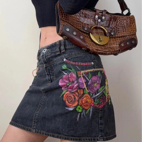 Dolce&Gabbana custom floral paint embellished denim black mini skirt W26/29 UK 8