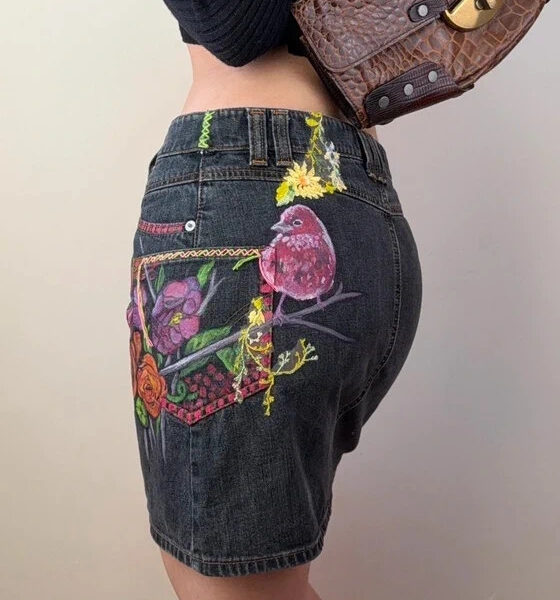 Dolce&Gabbana custom floral paint embellished denim black mini skirt W26/29 UK 8