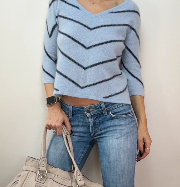 Pure Collection Womens 100% Cashmere Chevron V Neck cropped Jumper UK 8-10 Blue