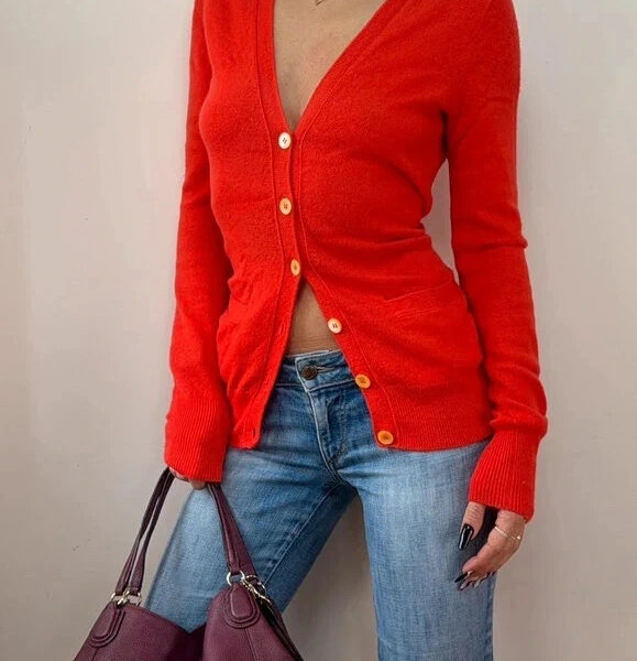 J.Crew Womens 100% Cashmere Orange Red Longline Fitted Button Cardigan UK 8–10