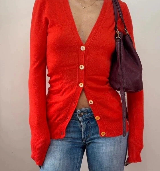 J.Crew Womens 100% Cashmere Orange Red Longline Fitted Button Cardigan UK 8–10