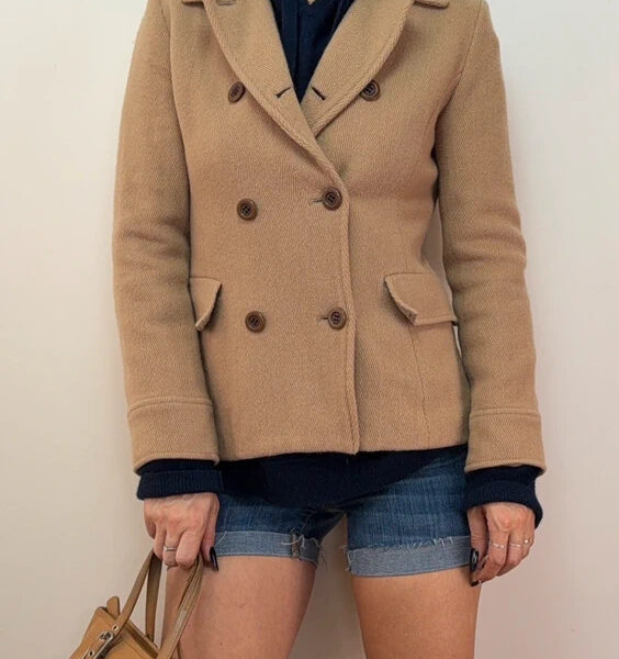 Scoop Womens Camel Wool Double Breasted Blazer UK 8 Fitted Jacket Minimalist Y2K
