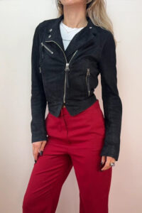 New Look Women's Black Suede Glossy Croc Leather Fitted Biker Zip Jacket