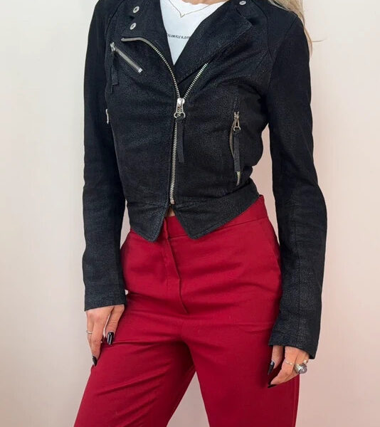 New Look Womens Black Suede Glossy Croc Leather Fitted Biker Zip Jacket UK 10