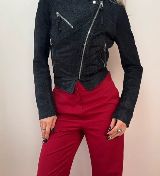 New Look Womens Black Suede Glossy Croc Leather Fitted Biker Zip Jacket UK 10